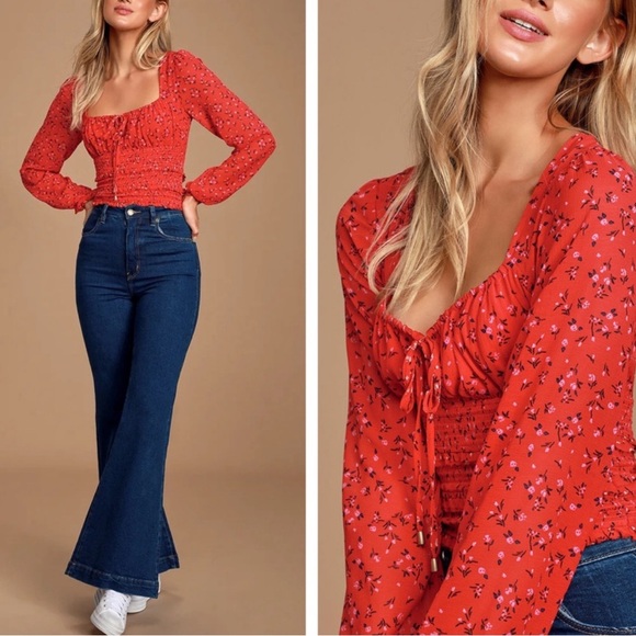 Free People Lolita Peasant Top Womens Red Boho Floral - Picture 2 of 8